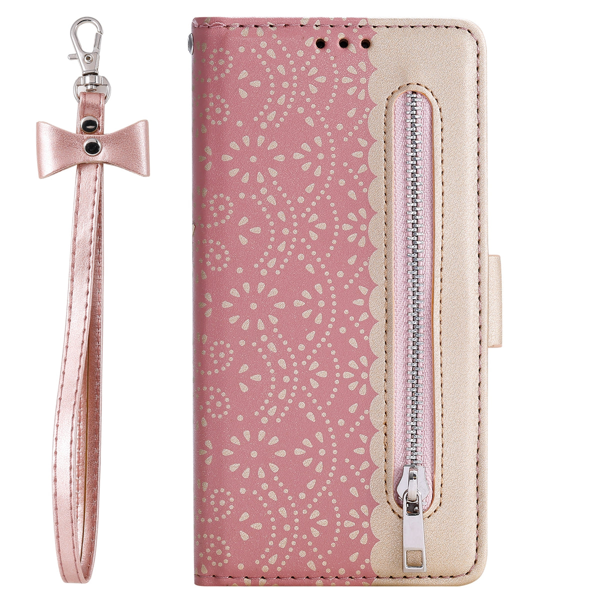 ELECTROPRIME For iPhone 15 Lace Pattern Double Button Zipper Leather Phone Case with Lanyard(Rose Gold)