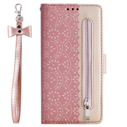 ELECTROPRIME For iPhone 15 Lace Pattern Double Button Zipper Leather Phone Case with Lanyard(Rose Gold)