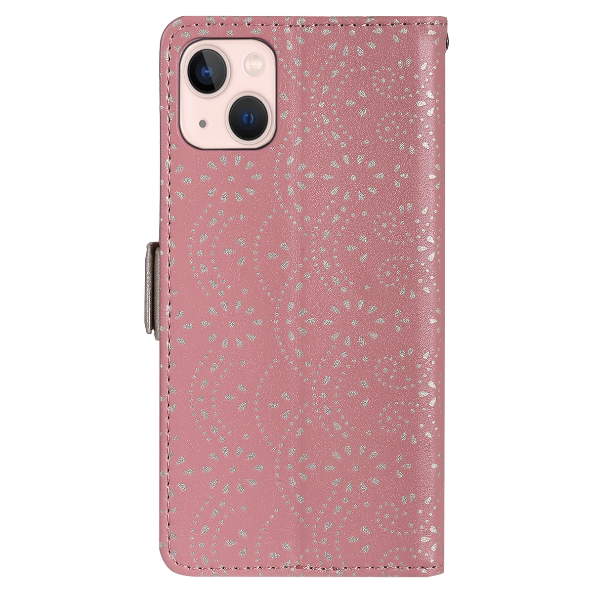 ELECTROPRIME For iPhone 15 Lace Pattern Double Button Zipper Leather Phone Case with Lanyard(Rose Gold)