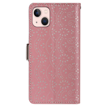 ELECTROPRIME For iPhone 15 Lace Pattern Double Button Zipper Leather Phone Case with Lanyard(Rose Gold)