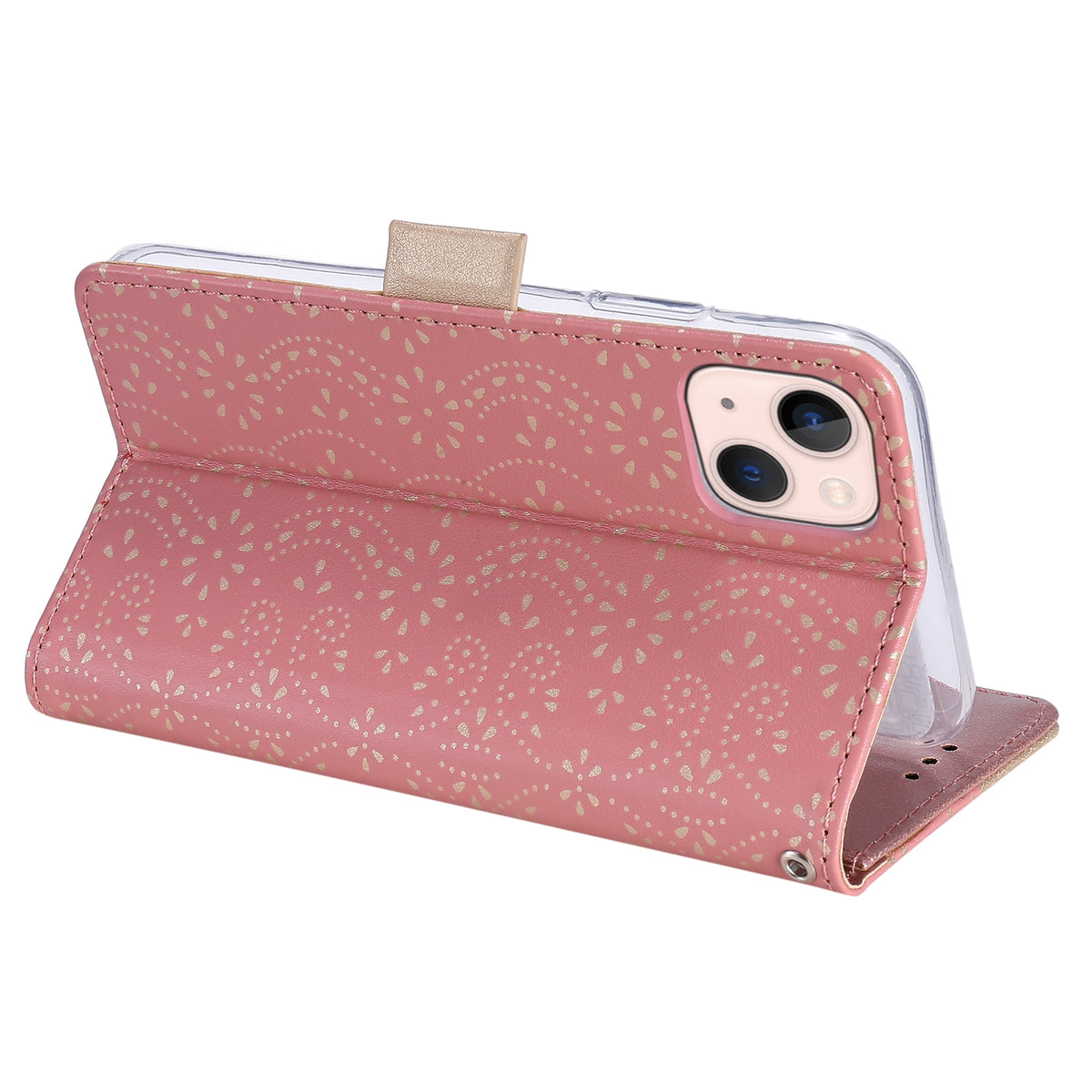 ELECTROPRIME For iPhone 15 Lace Pattern Double Button Zipper Leather Phone Case with Lanyard(Rose Gold)