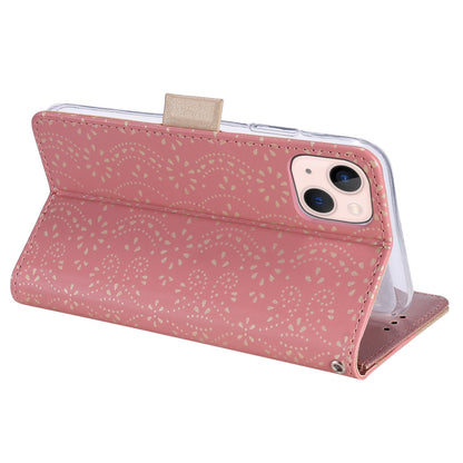 ELECTROPRIME For iPhone 15 Lace Pattern Double Button Zipper Leather Phone Case with Lanyard(Rose Gold)