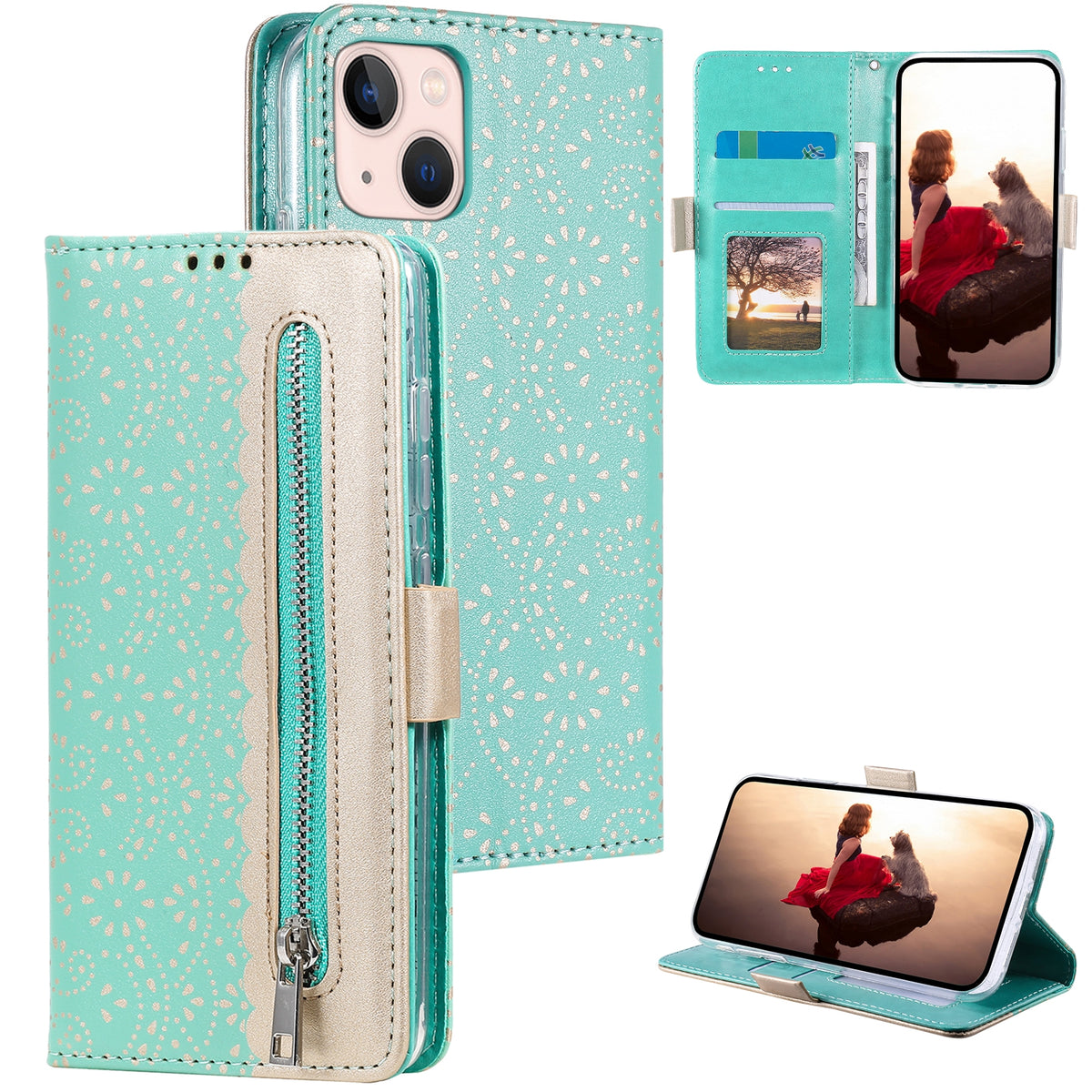 ELECTROPRIME For iPhone 15 Lace Pattern Double Button Zipper Leather Phone Case with Lanyard(Green)