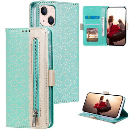 ELECTROPRIME For iPhone 15 Lace Pattern Double Button Zipper Leather Phone Case with Lanyard(Green)