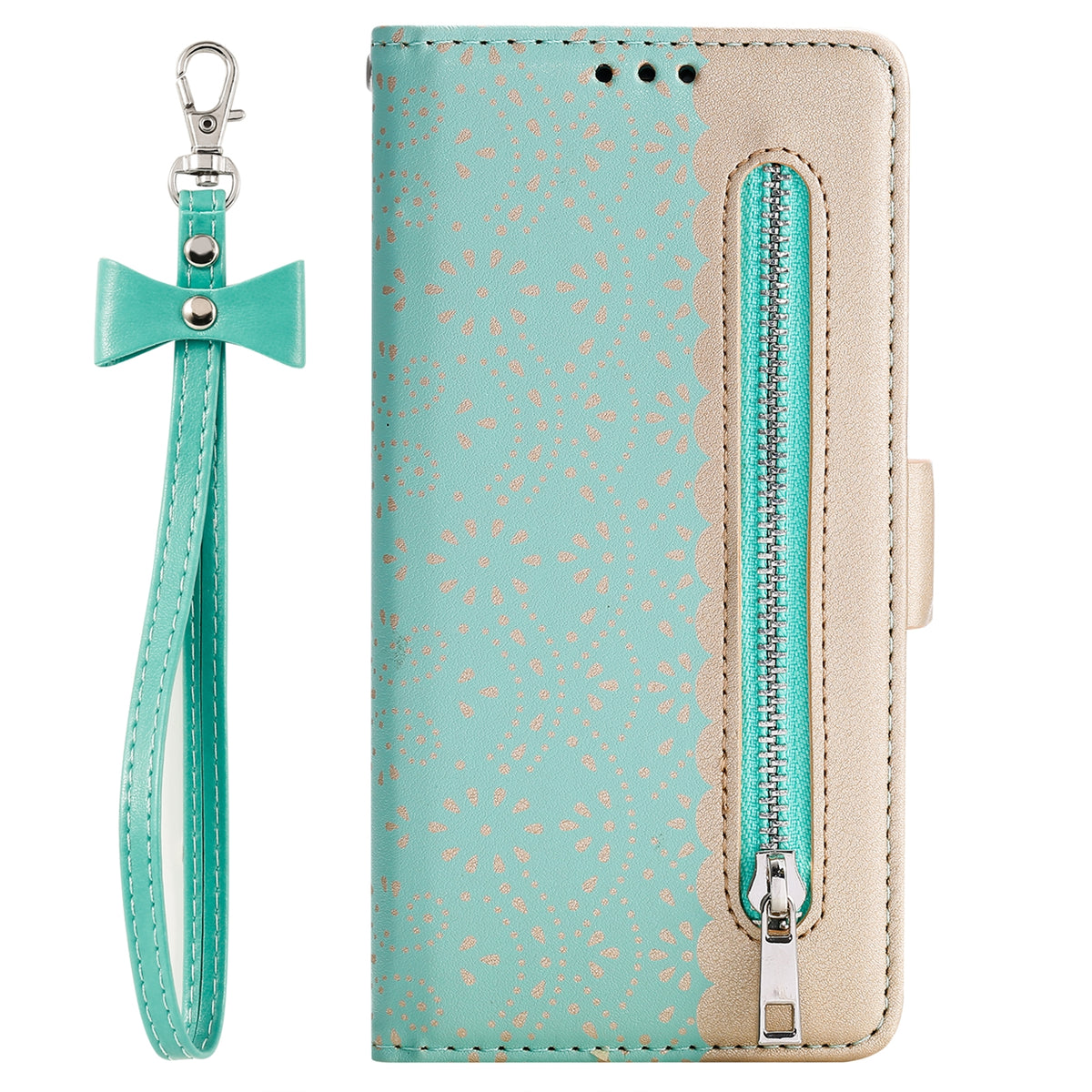 ELECTROPRIME For iPhone 15 Lace Pattern Double Button Zipper Leather Phone Case with Lanyard(Green)