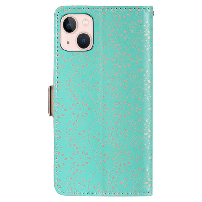 ELECTROPRIME For iPhone 15 Lace Pattern Double Button Zipper Leather Phone Case with Lanyard(Green)