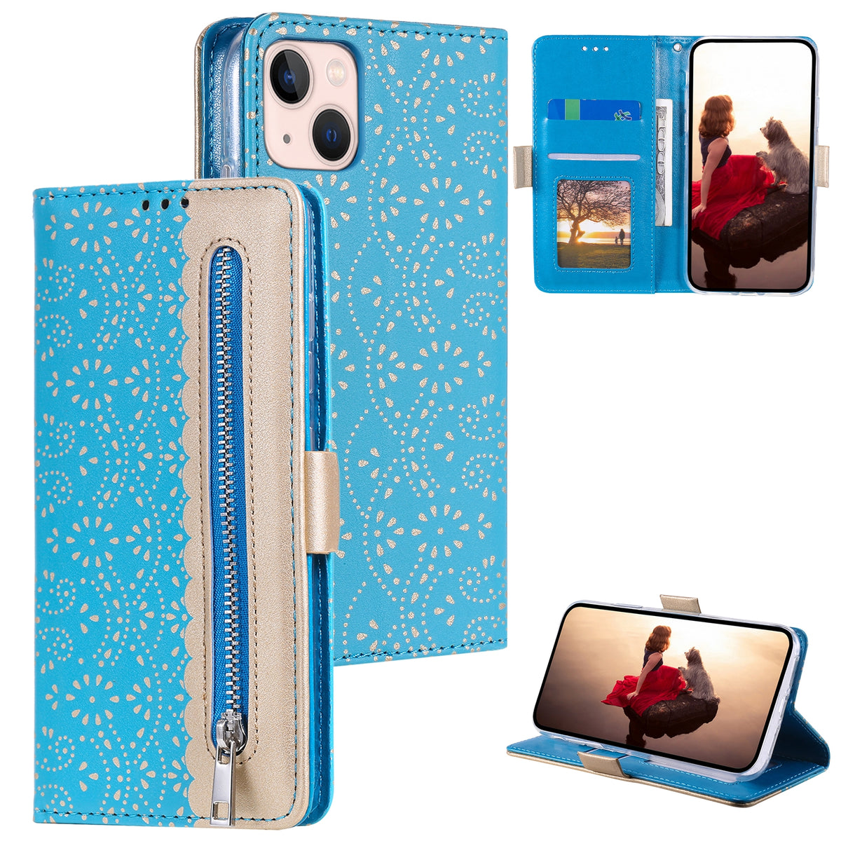 ELECTROPRIME For iPhone 15 Lace Pattern Double Button Zipper Leather Phone Case with Lanyard(Blue)