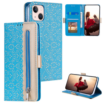 ELECTROPRIME For iPhone 15 Lace Pattern Double Button Zipper Leather Phone Case with Lanyard(Blue)