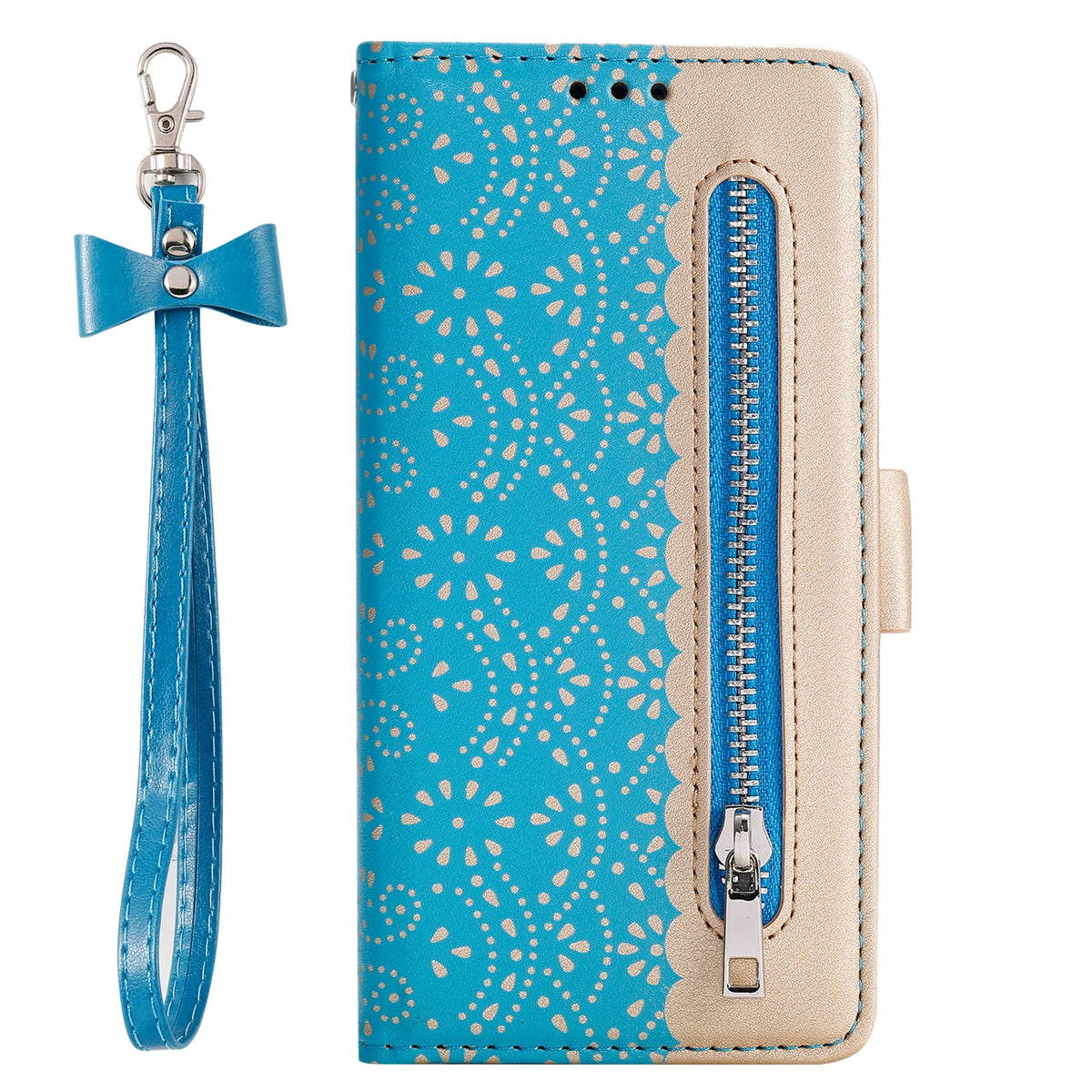 ELECTROPRIME For iPhone 15 Lace Pattern Double Button Zipper Leather Phone Case with Lanyard(Blue)