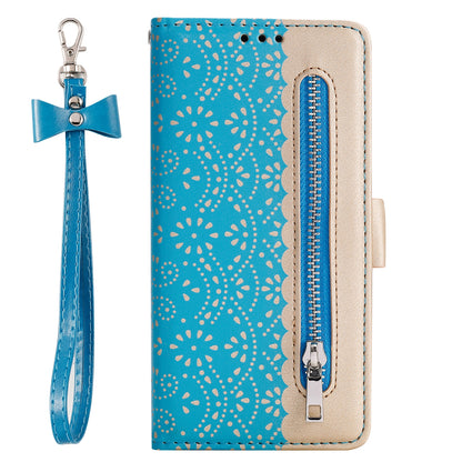 ELECTROPRIME For iPhone 15 Lace Pattern Double Button Zipper Leather Phone Case with Lanyard(Blue)