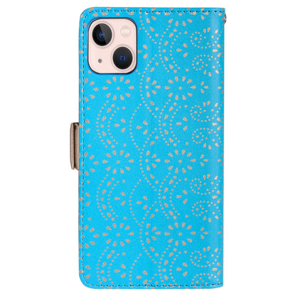 ELECTROPRIME For iPhone 15 Lace Pattern Double Button Zipper Leather Phone Case with Lanyard(Blue)
