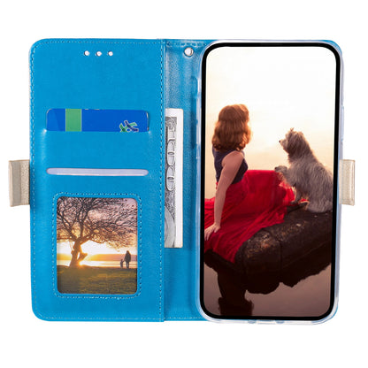 ELECTROPRIME For iPhone 15 Lace Pattern Double Button Zipper Leather Phone Case with Lanyard(Blue)