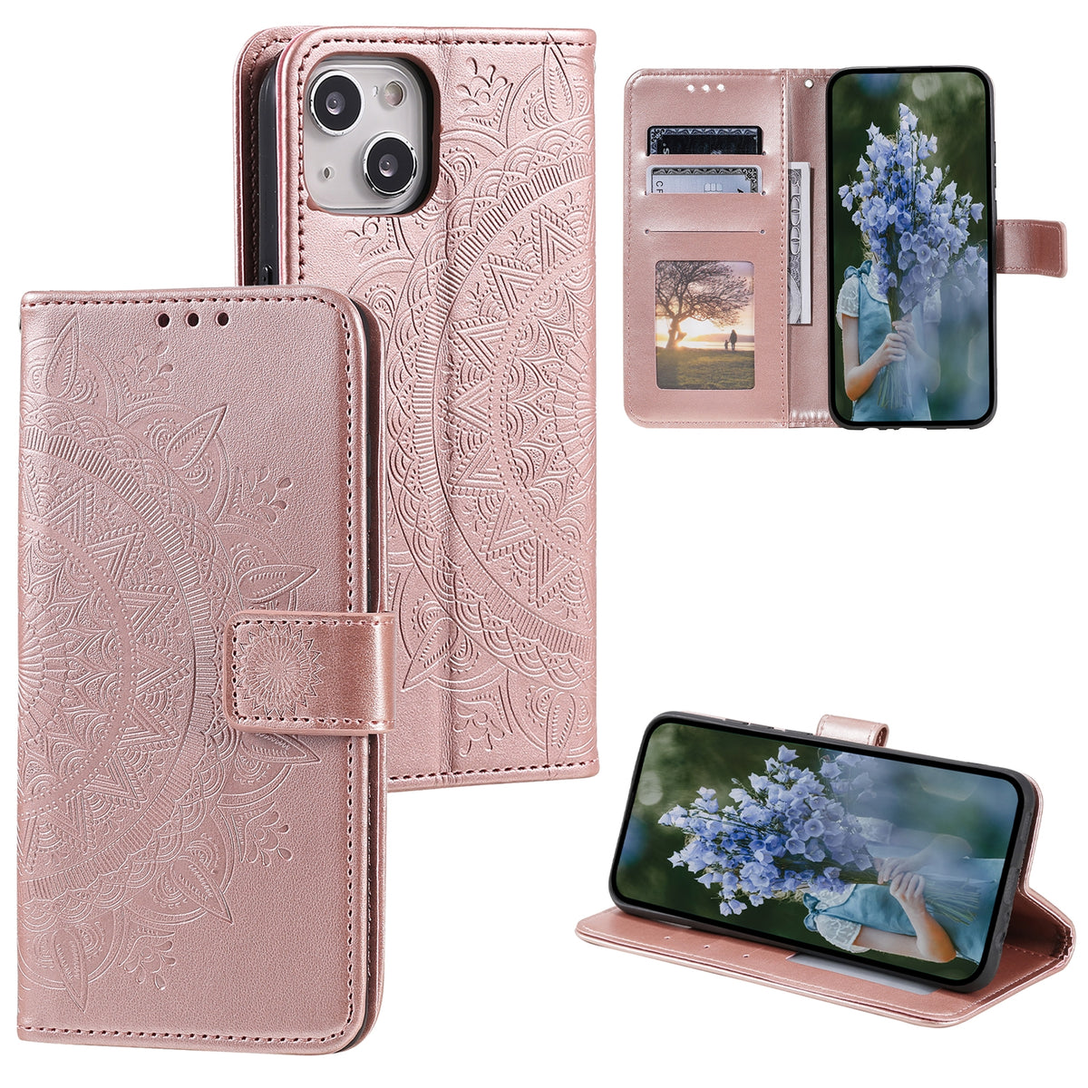 ELECTROPRIME For iPhone 15 Plus Totem Flower Embossed Leather Phone Case(Rose Gold)