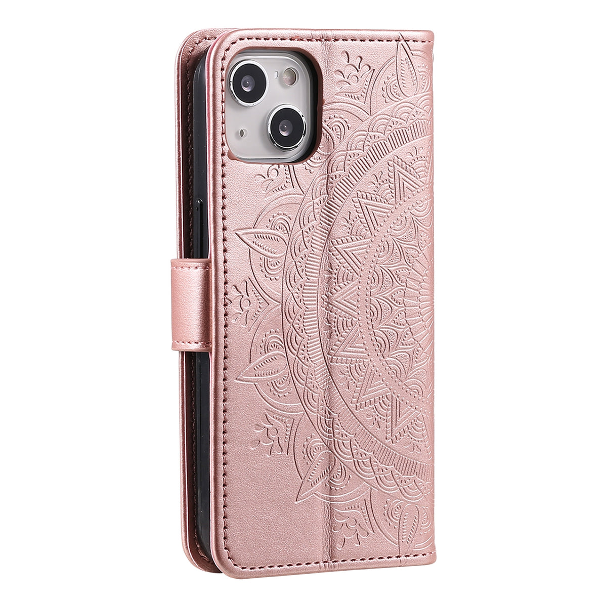 ELECTROPRIME For iPhone 15 Plus Totem Flower Embossed Leather Phone Case(Rose Gold)