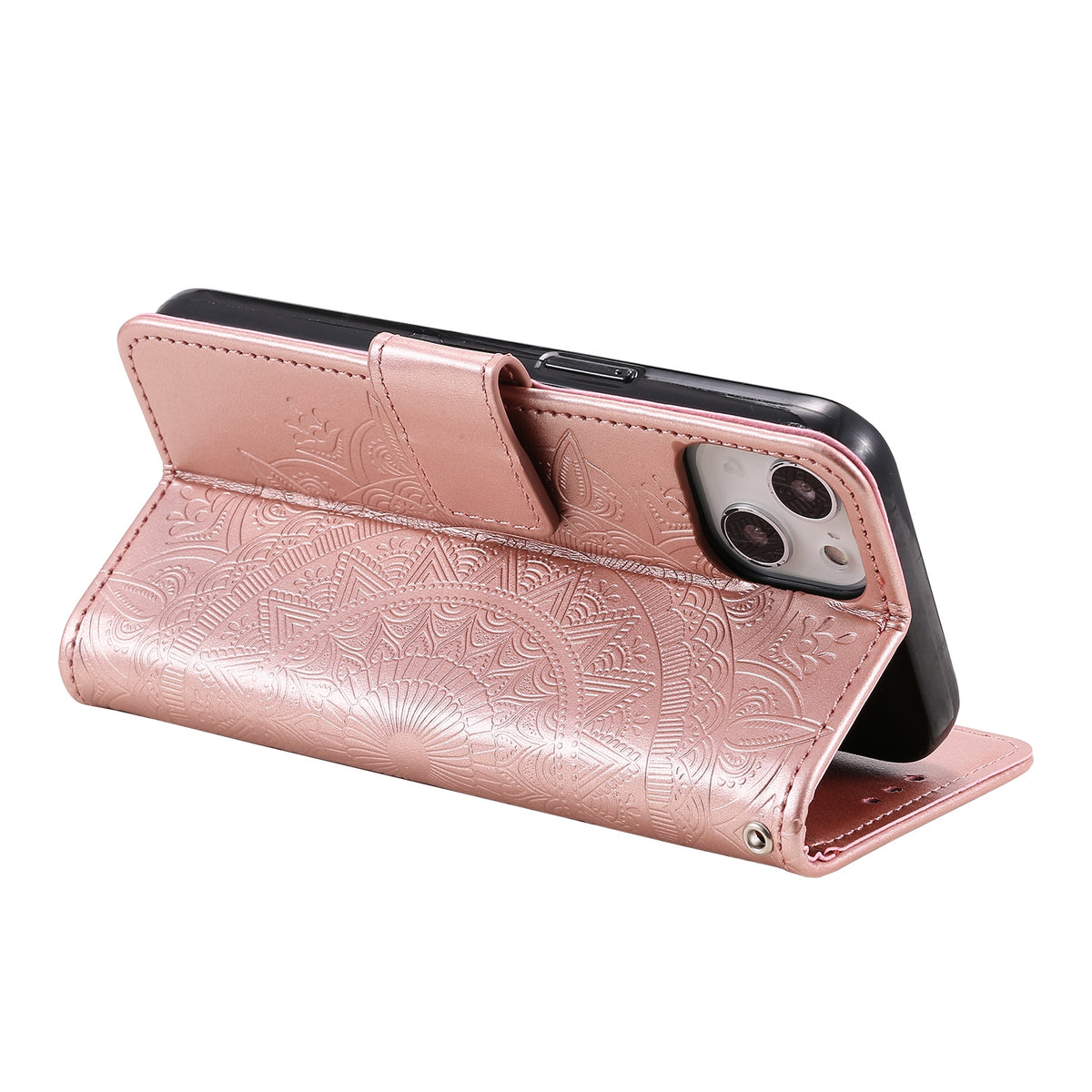 ELECTROPRIME For iPhone 15 Plus Totem Flower Embossed Leather Phone Case(Rose Gold)
