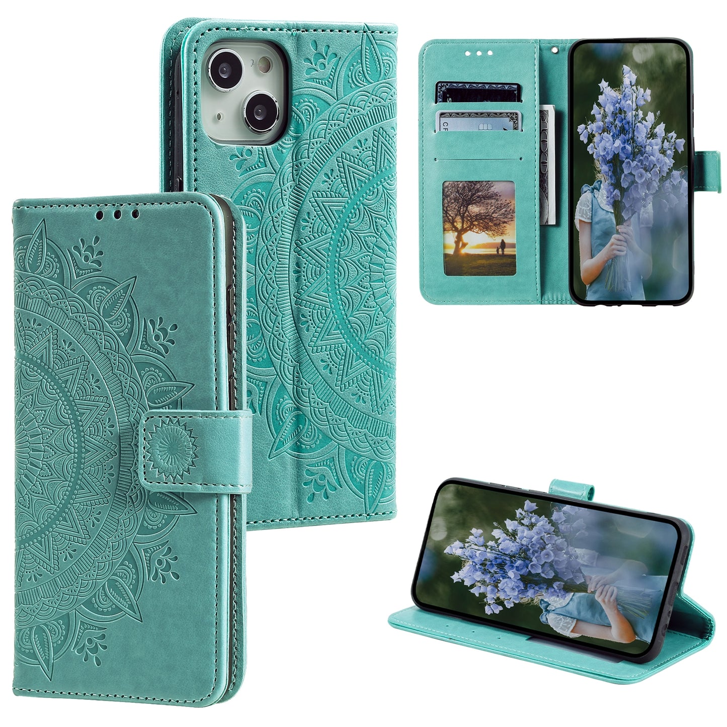 ELECTROPRIME For iPhone 15 Totem Flower Embossed Leather Phone Case(Green)