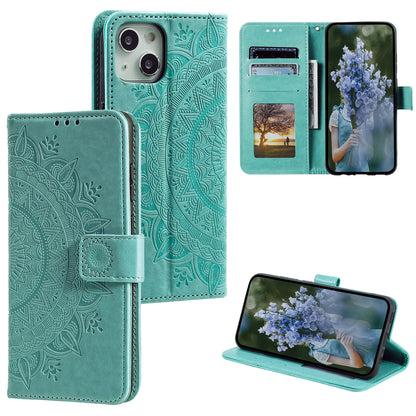 ELECTROPRIME For iPhone 15 Totem Flower Embossed Leather Phone Case(Green)