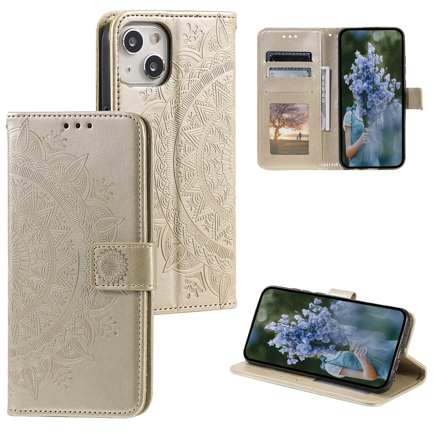 ELECTROPRIME For iPhone 15 Totem Flower Embossed Leather Phone Case(Gold)