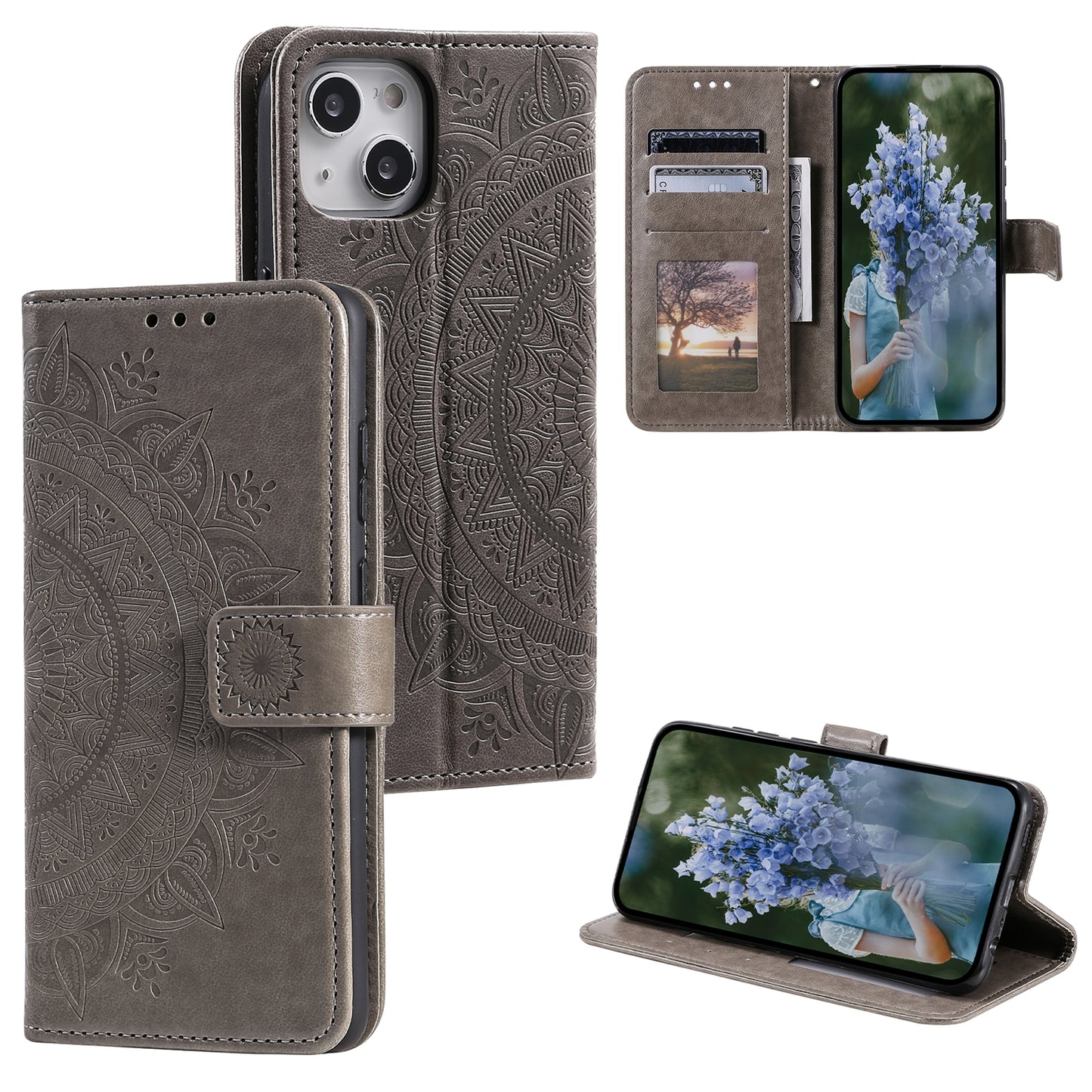 ELECTROPRIME For iPhone 15 Totem Flower Embossed Leather Phone Case(Grey)