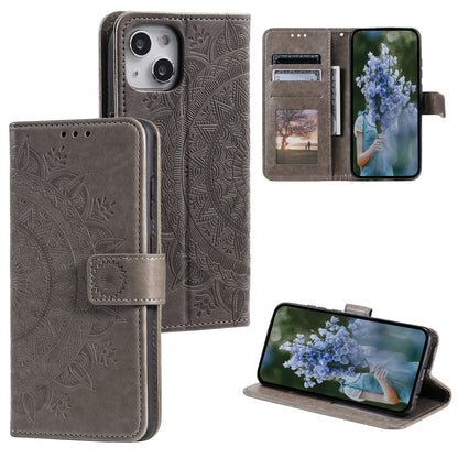 ELECTROPRIME For iPhone 15 Totem Flower Embossed Leather Phone Case(Grey)