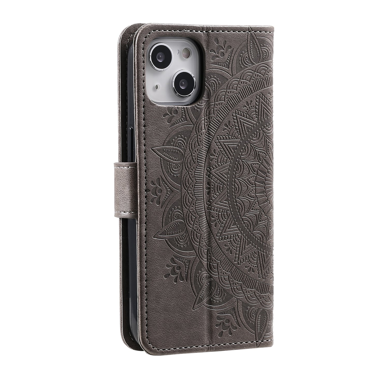 ELECTROPRIME For iPhone 15 Totem Flower Embossed Leather Phone Case(Grey)