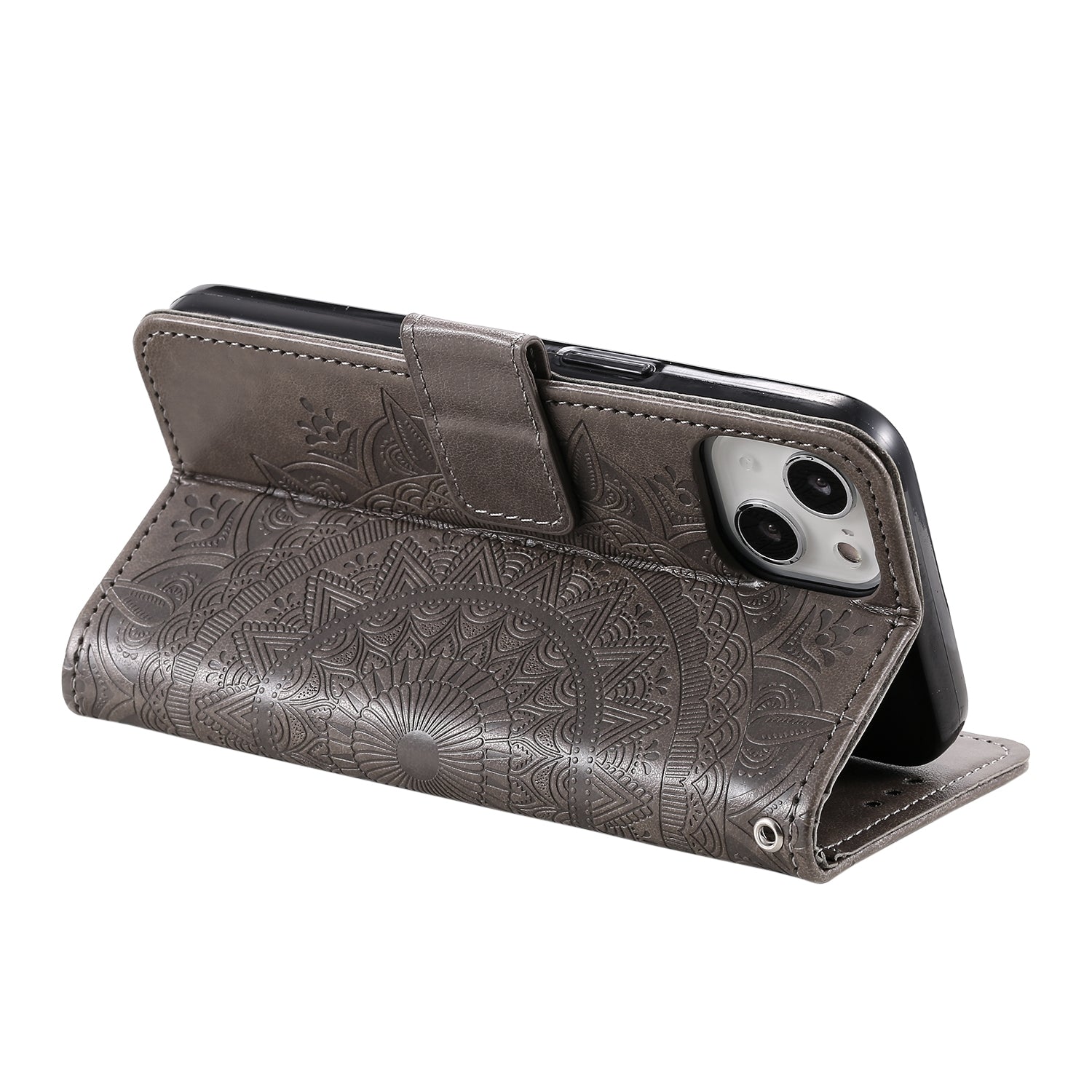 ELECTROPRIME For iPhone 15 Totem Flower Embossed Leather Phone Case(Grey)