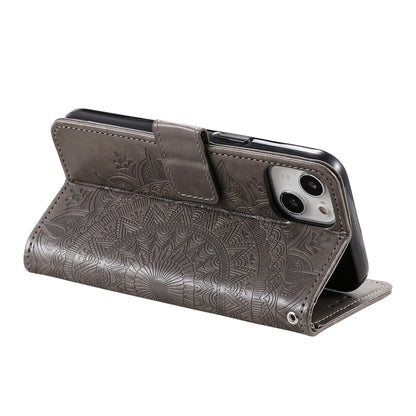 ELECTROPRIME For iPhone 15 Totem Flower Embossed Leather Phone Case(Grey)