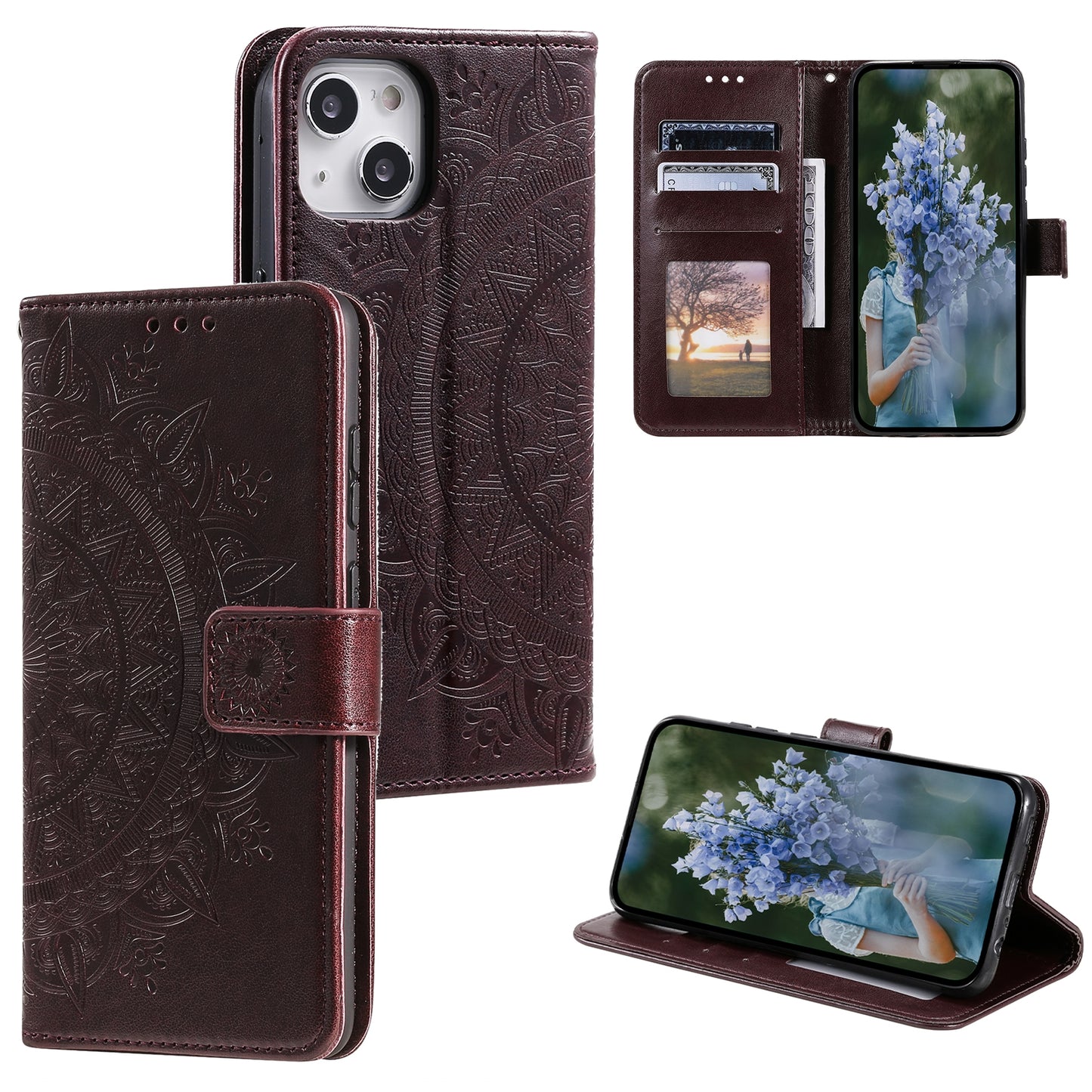 ELECTROPRIME For iPhone 15 Totem Flower Embossed Leather Phone Case(Brown)