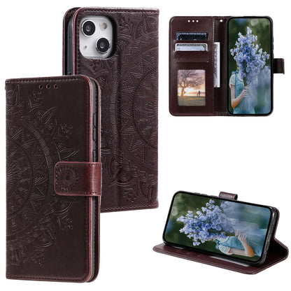 ELECTROPRIME For iPhone 15 Totem Flower Embossed Leather Phone Case(Brown)