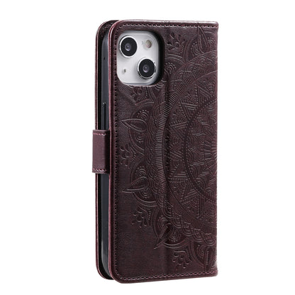 ELECTROPRIME For iPhone 15 Totem Flower Embossed Leather Phone Case(Brown)