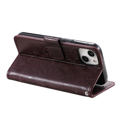 ELECTROPRIME For iPhone 15 Totem Flower Embossed Leather Phone Case(Brown)