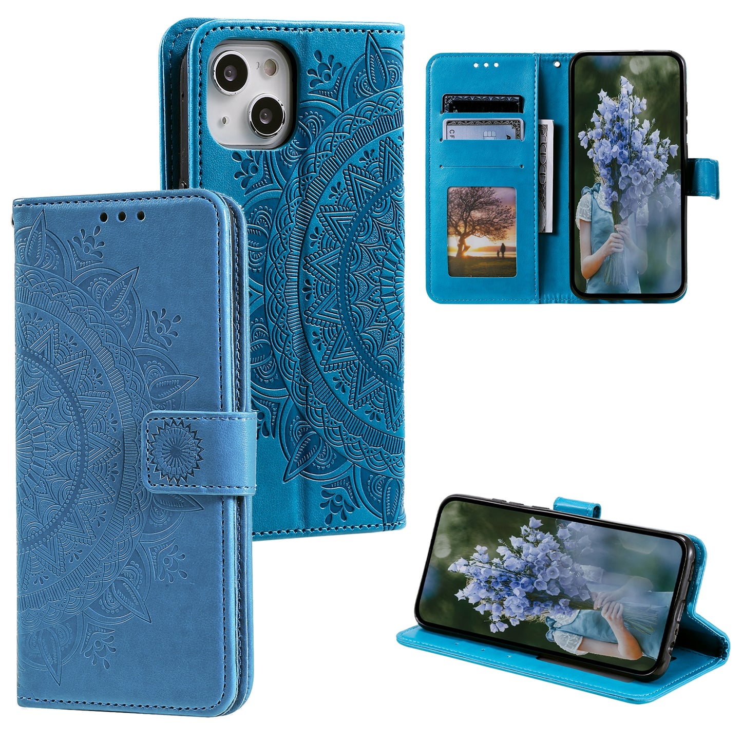 ELECTROPRIME For iPhone 15 Totem Flower Embossed Leather Phone Case(Blue)
