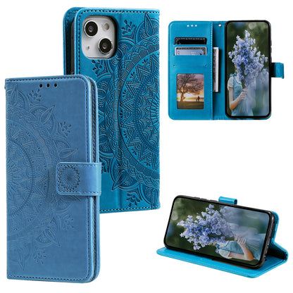 ELECTROPRIME For iPhone 15 Totem Flower Embossed Leather Phone Case(Blue)
