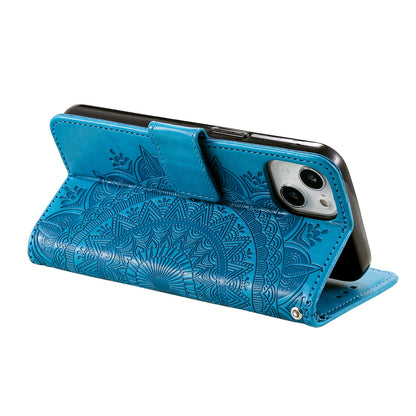 ELECTROPRIME For iPhone 15 Totem Flower Embossed Leather Phone Case(Blue)