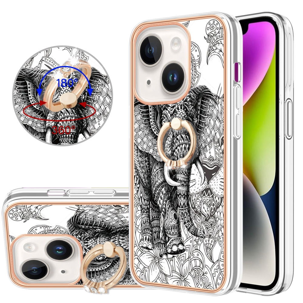 ELECTROPRIME For iPhone 15 Electroplating Dual-side IMD Phone Case with Ring Holder(Totem Elephant)