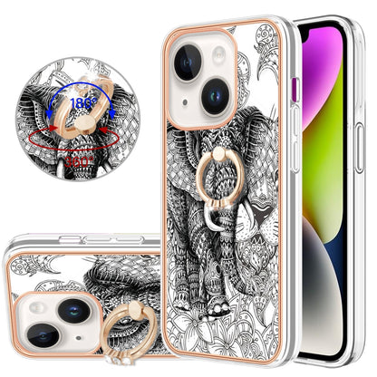 ELECTROPRIME For iPhone 15 Electroplating Dual-side IMD Phone Case with Ring Holder(Totem Elephant)