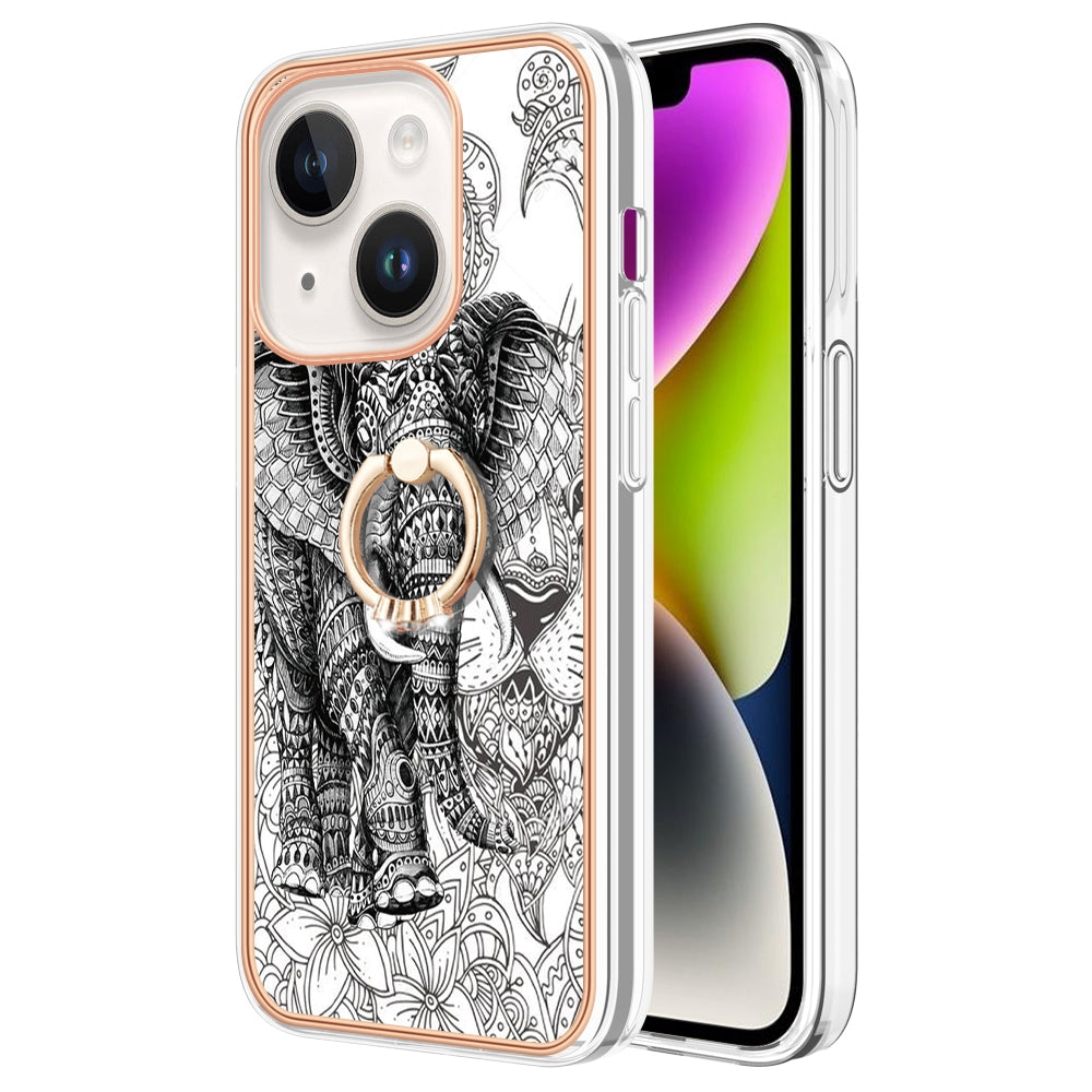 ELECTROPRIME For iPhone 15 Electroplating Dual-side IMD Phone Case with Ring Holder(Totem Elephant)