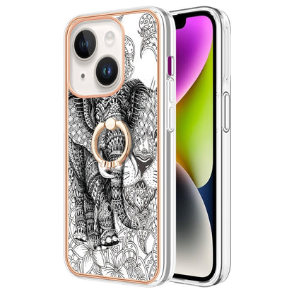 ELECTROPRIME For iPhone 15 Electroplating Dual-side IMD Phone Case with Ring Holder(Totem Elephant)
