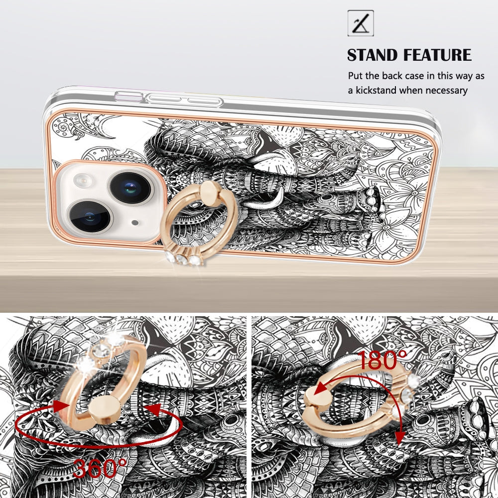 ELECTROPRIME For iPhone 15 Electroplating Dual-side IMD Phone Case with Ring Holder(Totem Elephant)