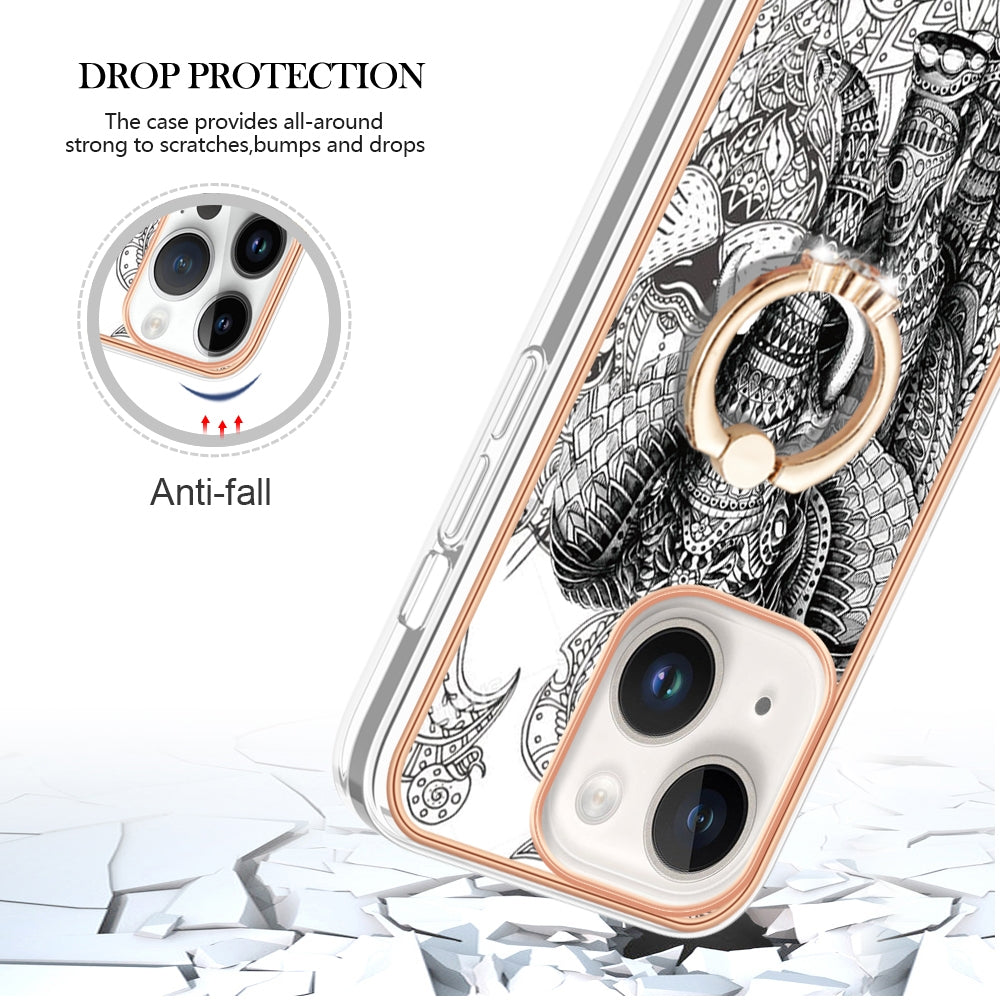 ELECTROPRIME For iPhone 15 Electroplating Dual-side IMD Phone Case with Ring Holder(Totem Elephant)