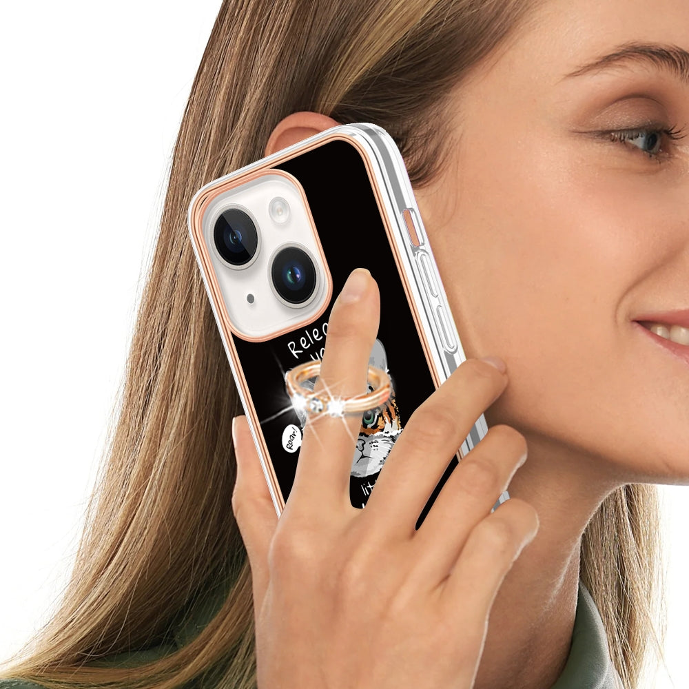 ELECTROPRIME For iPhone 15 Electroplating Dual-side IMD Phone Case with Ring Holder(Natural Growth)
