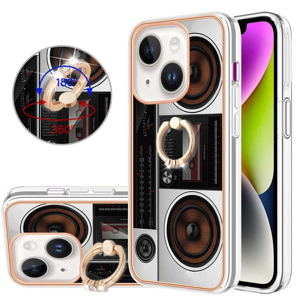 ELECTROPRIME For iPhone 15 Electroplating Dual-side IMD Phone Case with Ring Holder(Retro Radio)