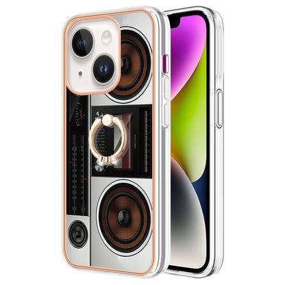 ELECTROPRIME For iPhone 15 Electroplating Dual-side IMD Phone Case with Ring Holder(Retro Radio)