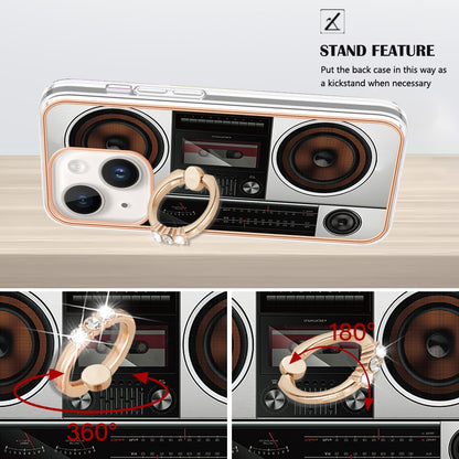 ELECTROPRIME For iPhone 15 Electroplating Dual-side IMD Phone Case with Ring Holder(Retro Radio)
