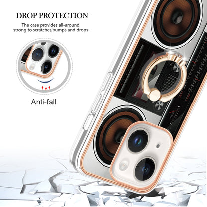 ELECTROPRIME For iPhone 15 Electroplating Dual-side IMD Phone Case with Ring Holder(Retro Radio)