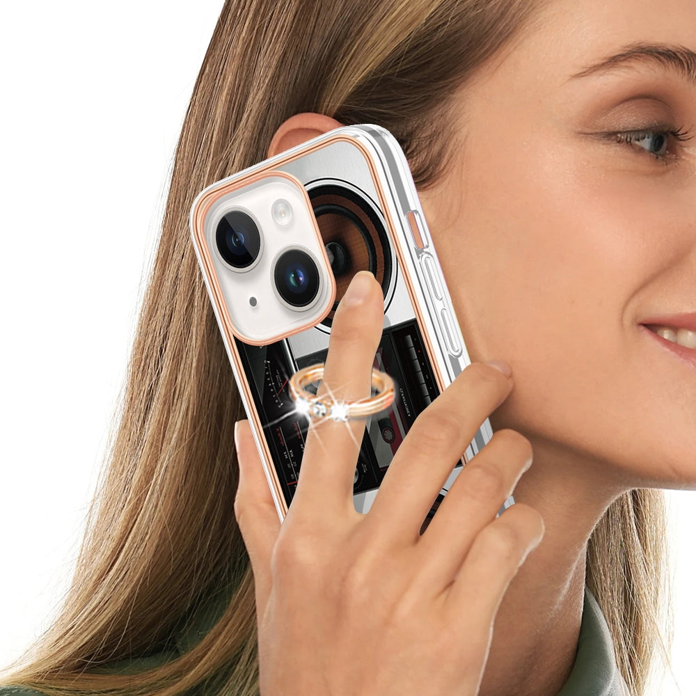 ELECTROPRIME For iPhone 15 Electroplating Dual-side IMD Phone Case with Ring Holder(Retro Radio)