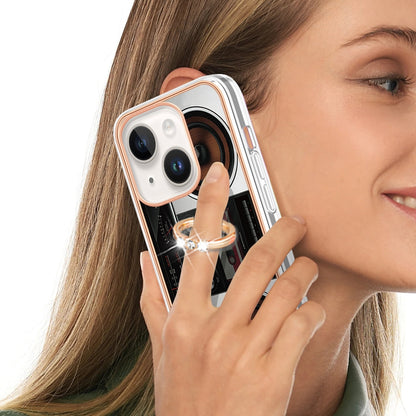 ELECTROPRIME For iPhone 15 Electroplating Dual-side IMD Phone Case with Ring Holder(Retro Radio)