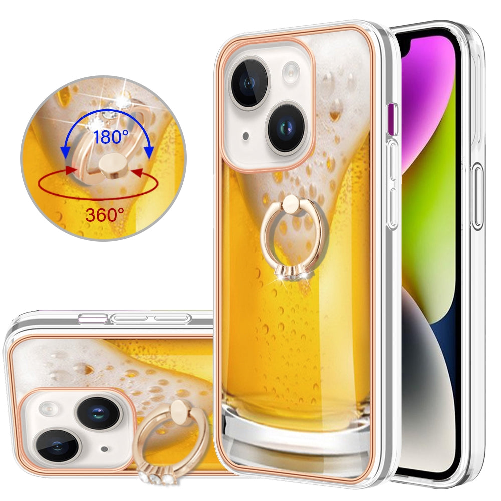 ELECTROPRIME For iPhone 15 Electroplating Dual-side IMD Phone Case with Ring Holder(Draft Beer)