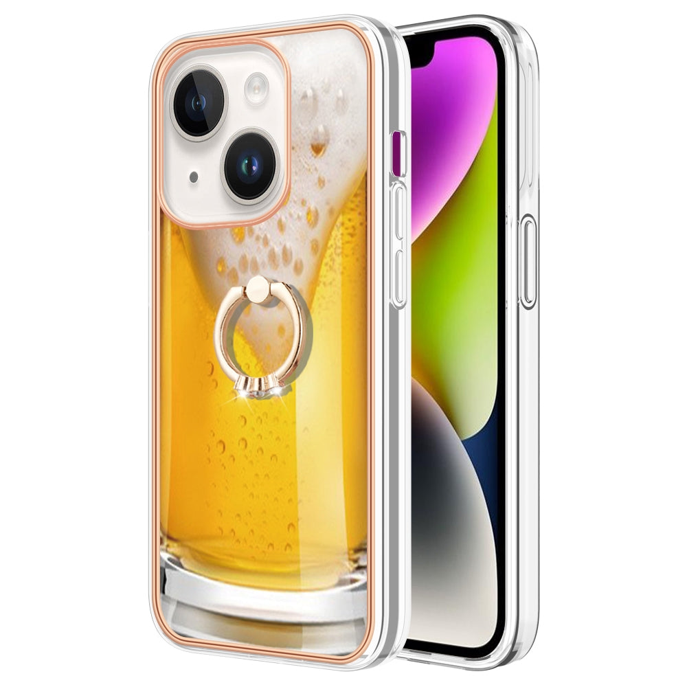 ELECTROPRIME For iPhone 15 Electroplating Dual-side IMD Phone Case with Ring Holder(Draft Beer)