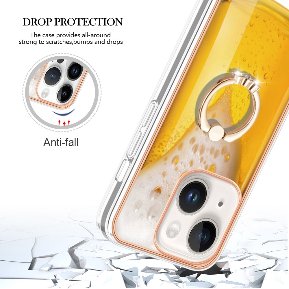 ELECTROPRIME For iPhone 15 Electroplating Dual-side IMD Phone Case with Ring Holder(Draft Beer)